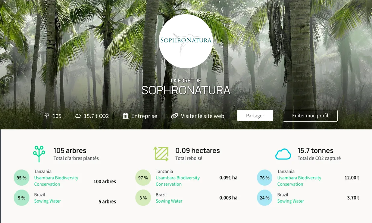 Profil Tree Nation de SophroNatura : 105 arbres plantés, 15,7 tonnes de CO2 captées